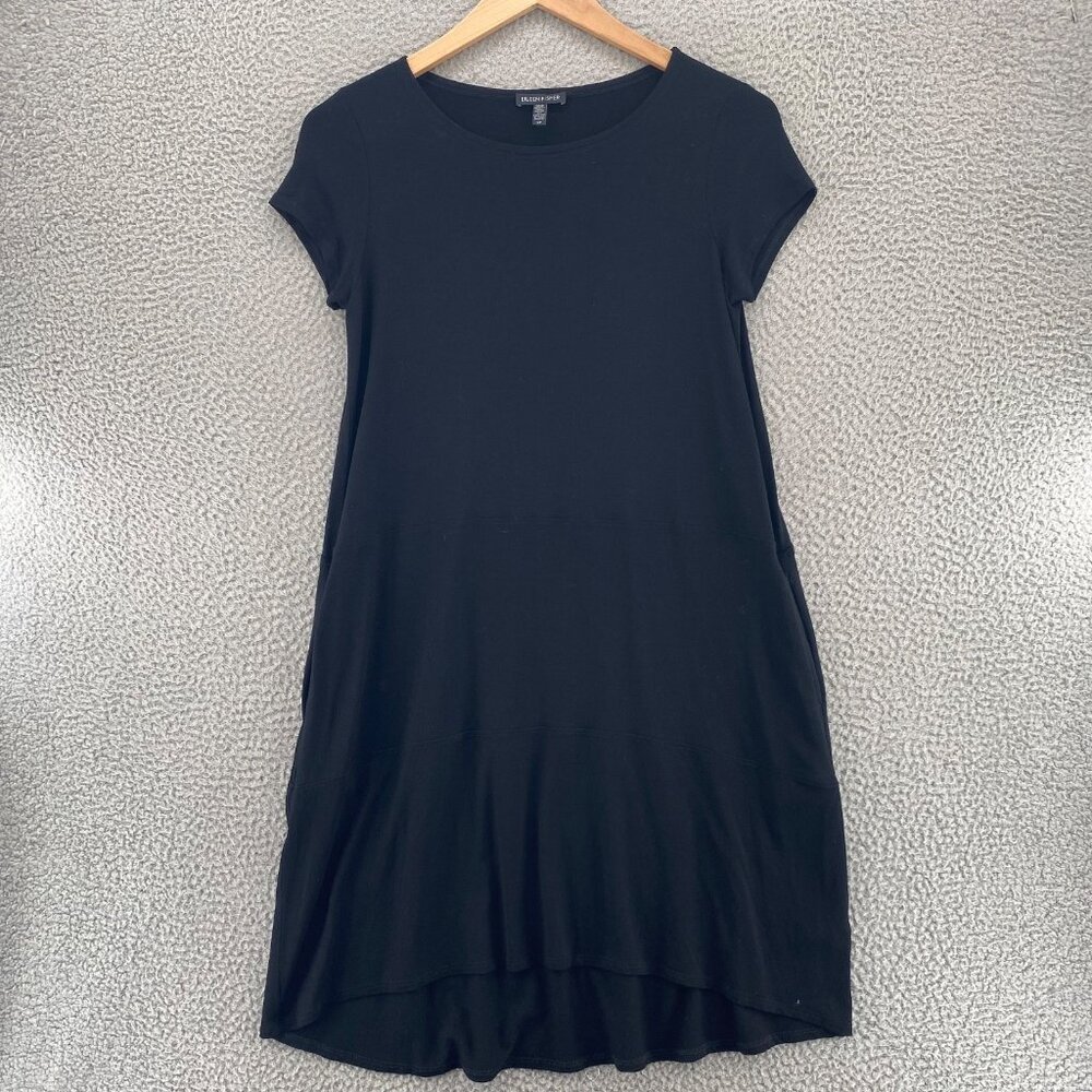 Eileen Fisher Dress Womens Small Black T Shirt Cap Sleeve Hi Low Stretch Mini